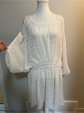 H&M White Textured Balloon-Sleeve Women's Dress